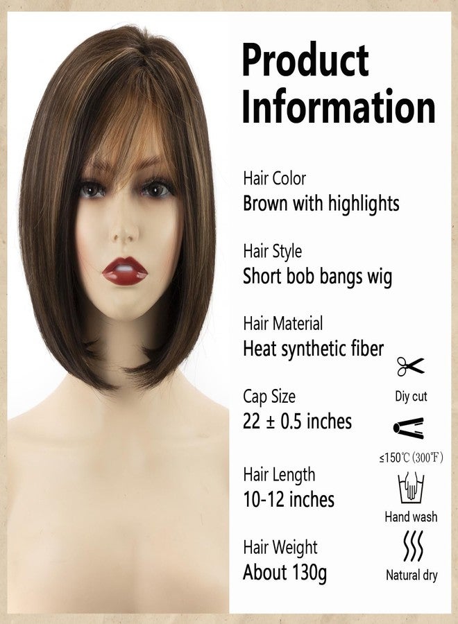 TISHINING Brown Highlight Short Bob Wig with Bangs for White Women Chin Length Layered Brown Mix Blonde Pixie Bob Wig Synthetic Natural Straight Hair Wigs for Daily Party Use - Image 2